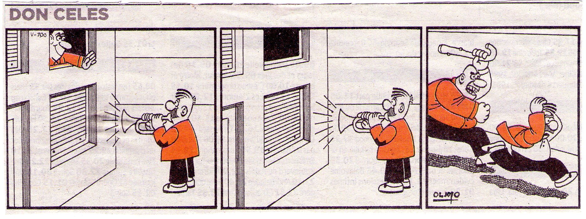 Don Celes toca la trompeta frente a la casa del vecino