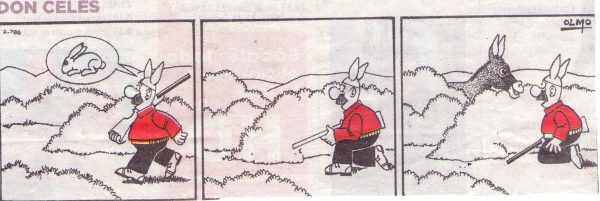 Don Celes cazando con un gorro de conejo se encuentra un burro